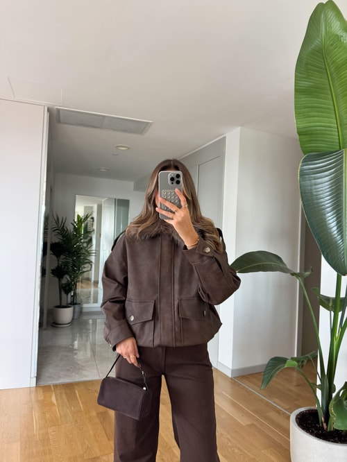 Kürk Yakalı Deri Ceket - Kahve