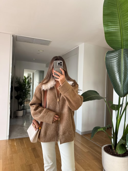 Kürk Yakalı Şardonlu Hırka - Camel  