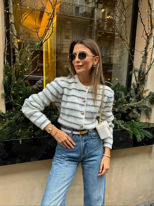 Lacivert Çizgili Gold Düğmeli Tüylü Hırka