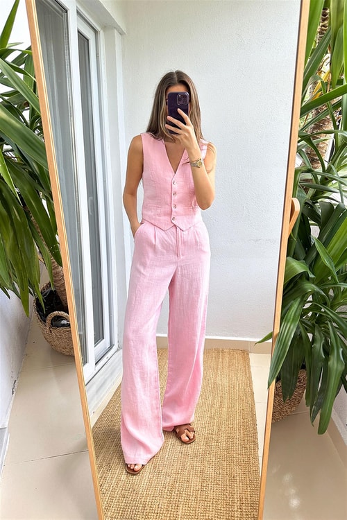 Lavin Premium Keten Pantolon-Pembe