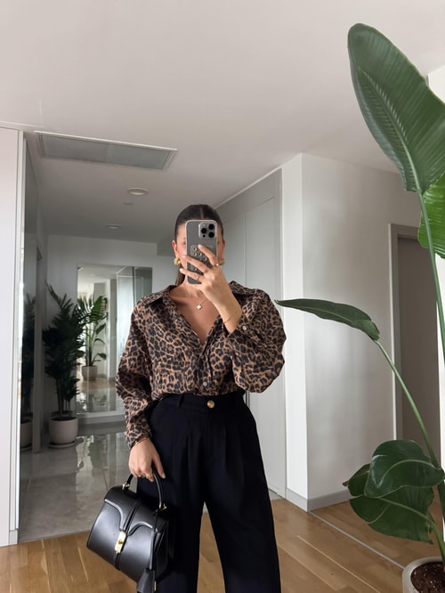 Leopar Desenli Tek Cepli Gömlek- Siyah