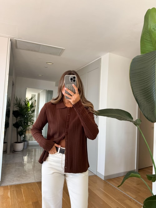 Lia Polo Yaka Düğmeli Hırka - Kahve