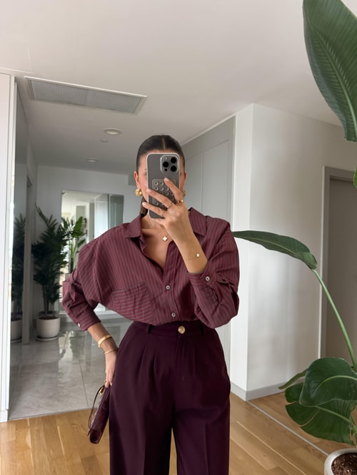 Lia Tek Cepli Çizgili Gömlek - Bordo