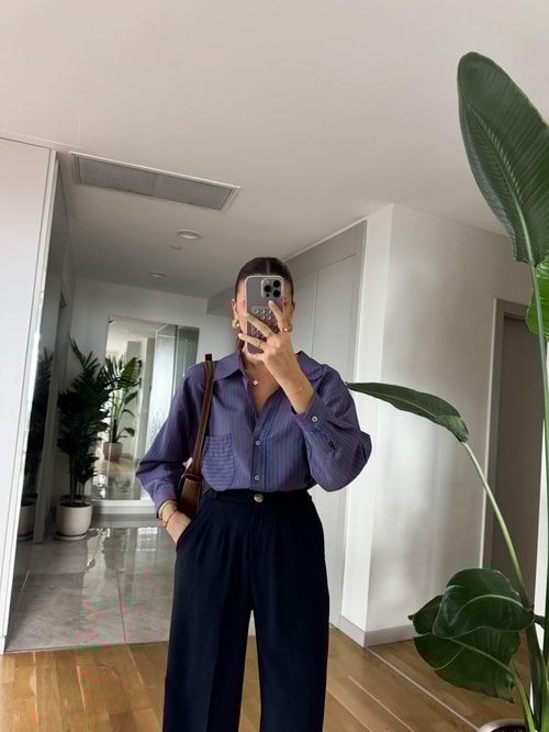 Lia Tek Cepli Çizgili Gömlek - Mavi