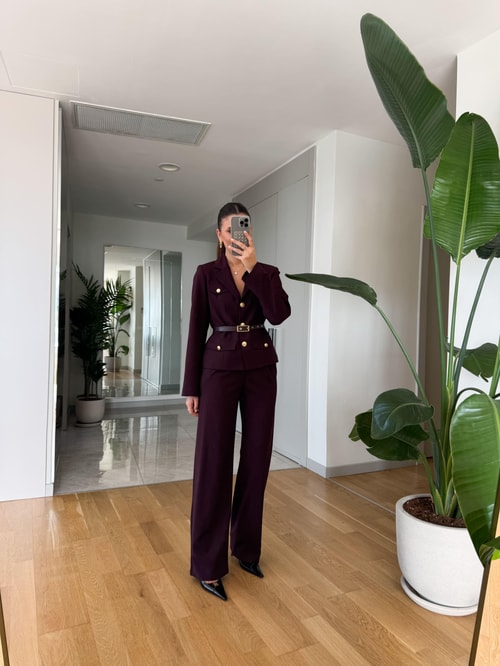 Lisa Gold Düğmeli Kemerli Ceket Pantolon Takım- Mürdüm