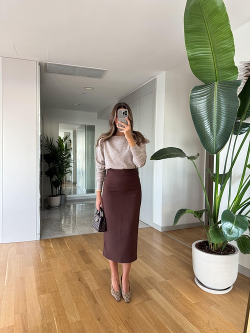 Lora Arka Yırtmaçlı Kalem Etek - Kahve