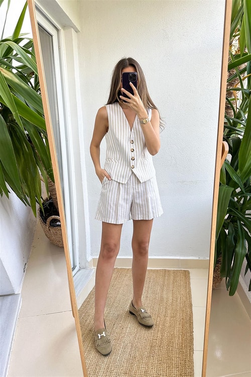 Luiza Çizgili Takım-Bej