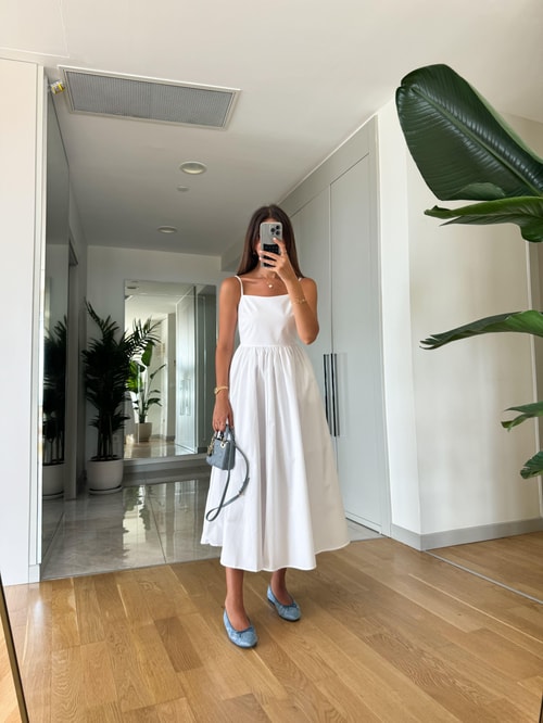 Lukas İp Askılı Premium Poplin Elbise-Beyaz