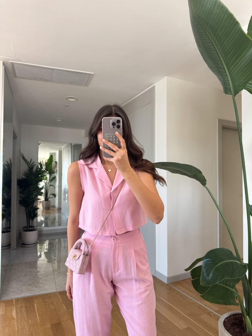 Maddox Keten Dokulu Yelek Pantolon Takım-Pembe · 2