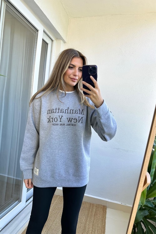 Manhattan Nakışlı Sweatshirt-Gri