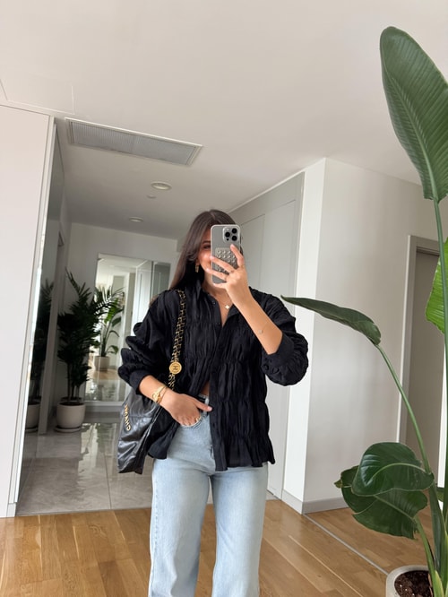 Massi Buruşuk Kumaş Gömlek -Siyah