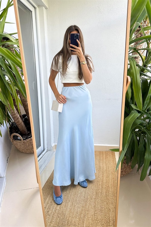 Maxi Beli lastikli Saten Etek-Mavi