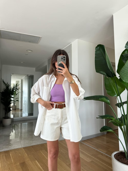 Megan Tek Cepli Oversize Gömlek-Beyaz