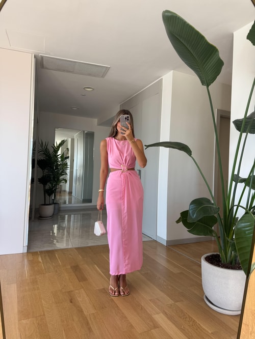 Mila Beli Tokalı ve Dekolteli Elbise - Pembe