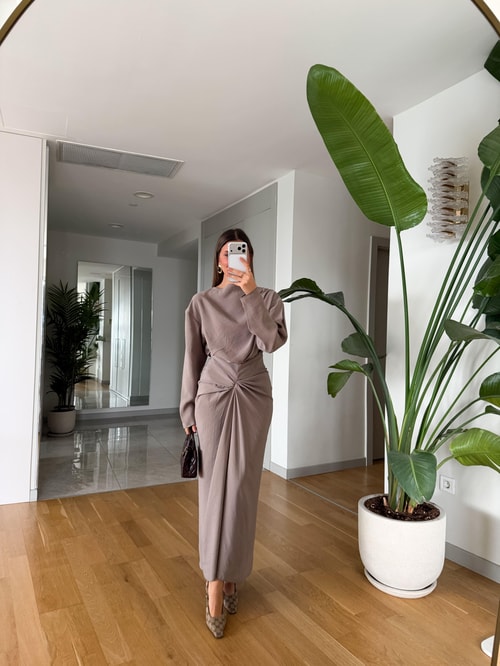 Mina Drapeli Tensel Etek Bluz Takım - Taş