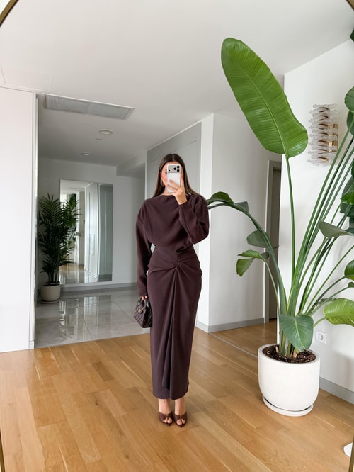 Mina Drapeli Tensel Etek Bluz Takım - Vizon