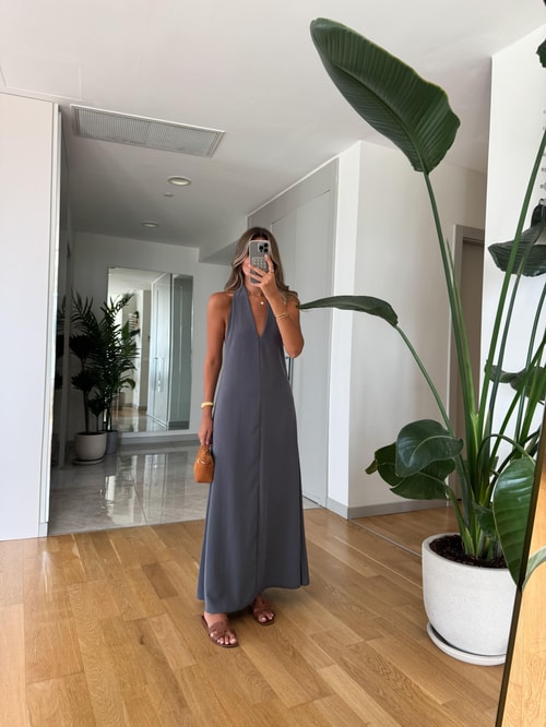 Misino Halter Yaka Elbise - Gri