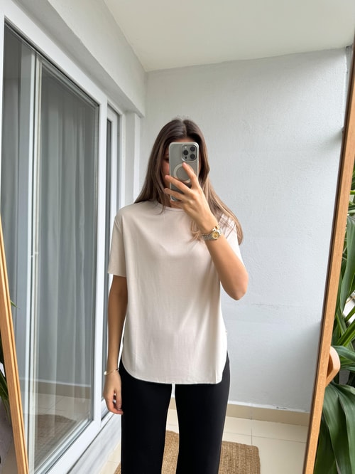 Modal Yırtmaçlı Basic Tişört- Taş