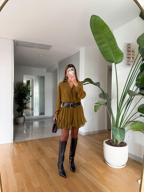 Mona Kraşlı Kemerli Şifon Elbise - Yağ Yeşili 