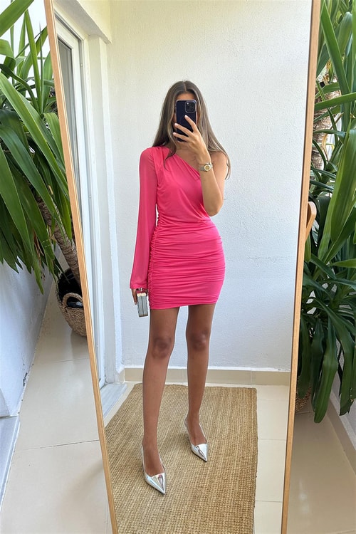 Nakd Tek Kol Drapeli Elbise-Pembe