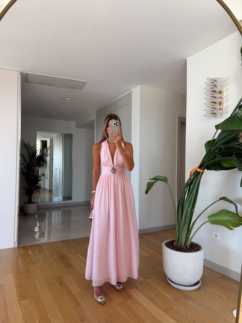 Norton Tokalı Midi Elbise - Pembe