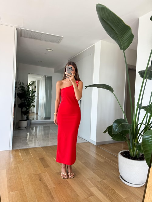 Omzu Gold Tokalı Elbise - Kırmızı