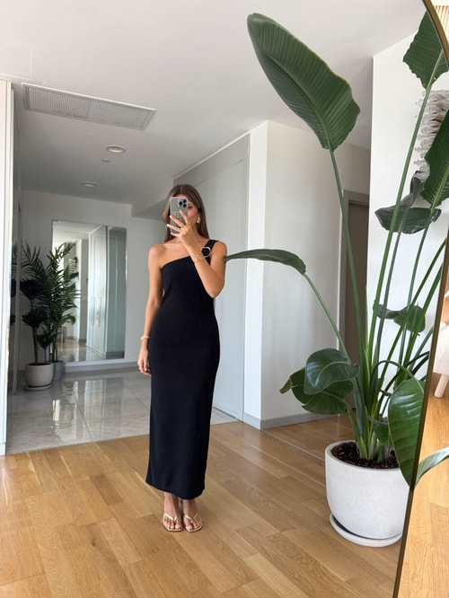 Omzu Gold Tokalı Elbise - Siyah