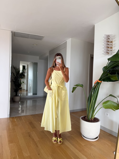 Önden Bağlamalı Cepli Poplin Elbise - Sarı