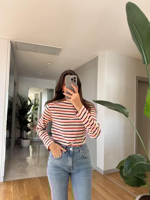 Other Çizgili Pamuklu Bluz-Kırmızı Lacivert