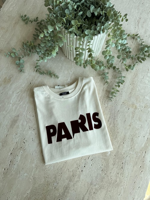 Paris Bordo Baskılı Tişört-Ekru
