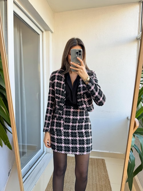 Pembe Kareli Tüvit Ceket