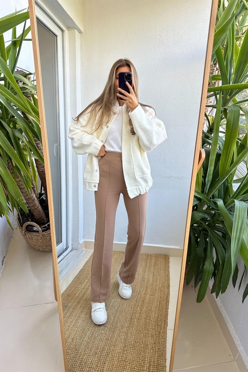 Perry Önden Çimalı Likralı Pantolon - Camel