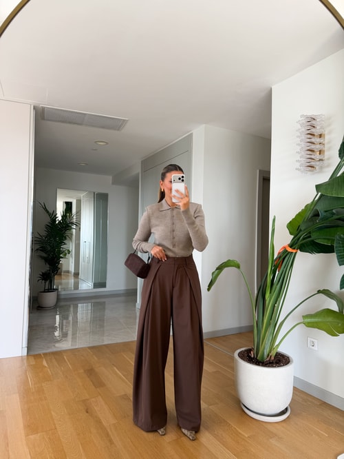 Pile Detaylı Kumaş Pantolon - Kahve