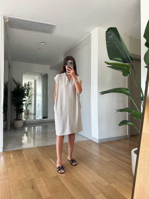 Polo Yaka Oversize Modal Elbise -Taş