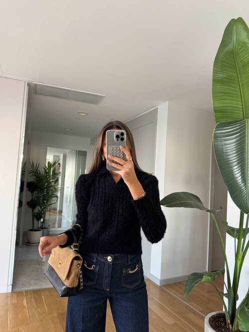 Polo Yaka Sakallı Saç Örgülü Triko - Siyah