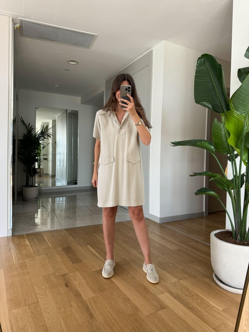 Polo Yaka Süs Cepli Basic Elbise-Taş