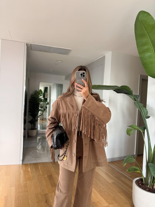 Premium Bej Püsküllü Süet Ceket 