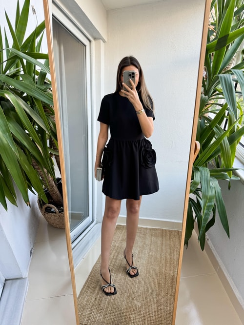 Premium Büyük Gül Detaylı Krep Elbise-Siyah