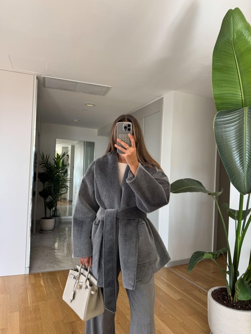 Premium Kuşaklı Cepli Kaban - Gri