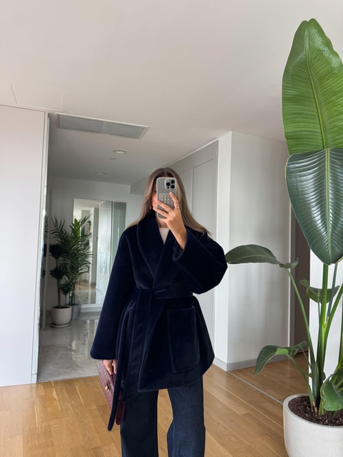 Premium Kuşaklı Cepli Kaban - Lacivert