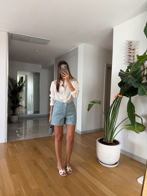 Pullu Denim Şort - Açık Mavi