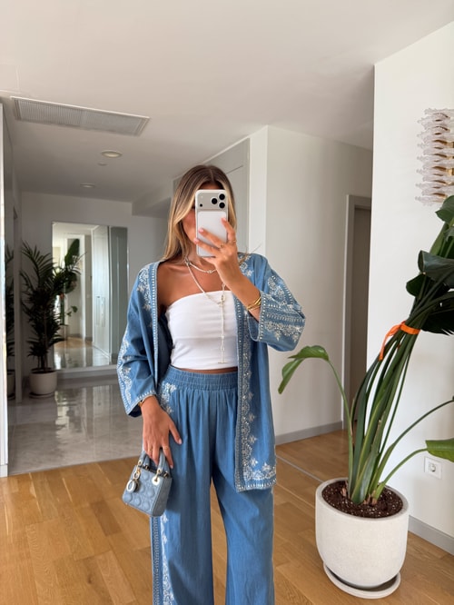 Pullu Kimono - Mavi 