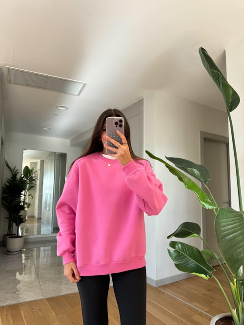 Qu Bisiklet Yaka Şardonlu Sweat-Pembe