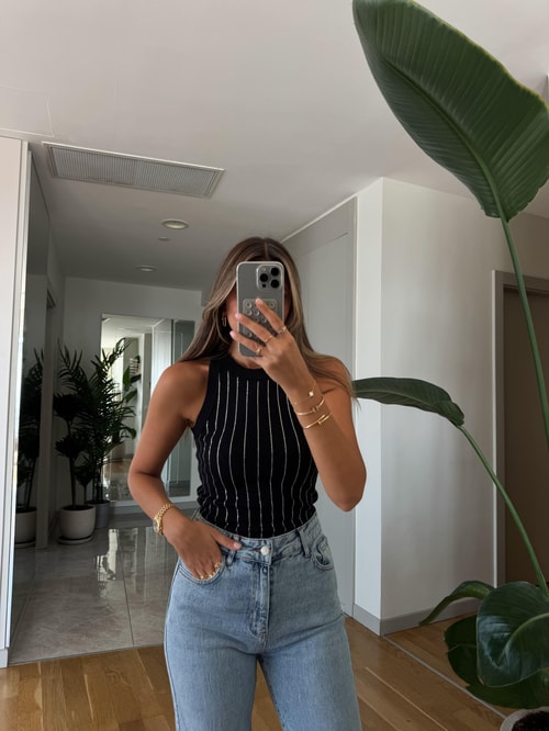 Qu Dikey Çizgi Taşlı Atlet -  Siyah