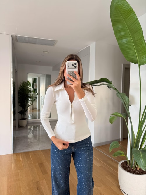 Qu Fermuarlı Polo Yaka Body - Ekru · 2