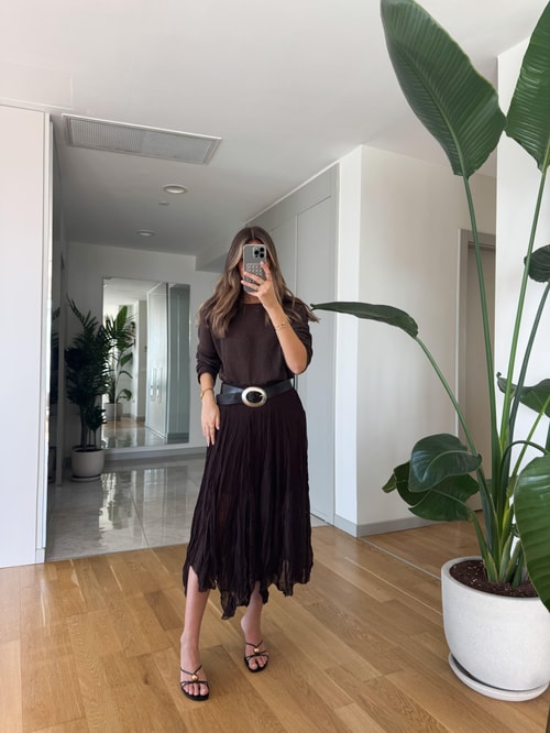 Qu Kırışık Kumaş Şifon Etek - Kahve