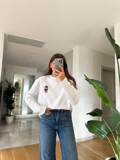Qu Teddy Nakışlı Basic Bluz-Beyaz