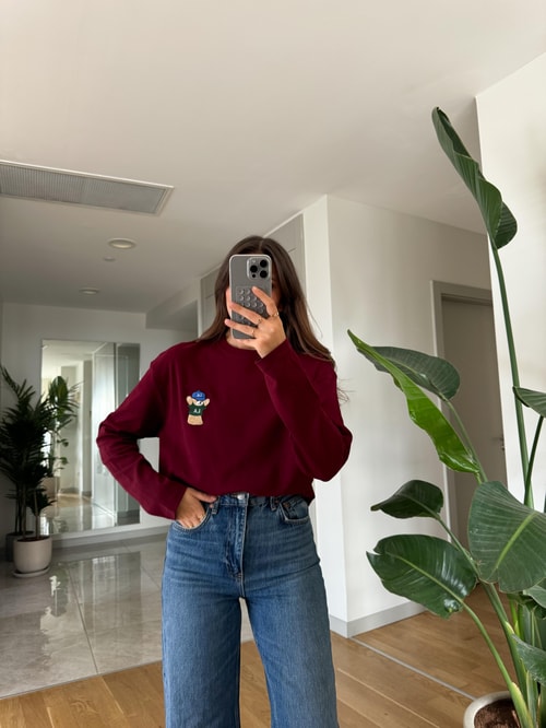 Qu Teddy Nakışlı Basic Bluz-Bordo