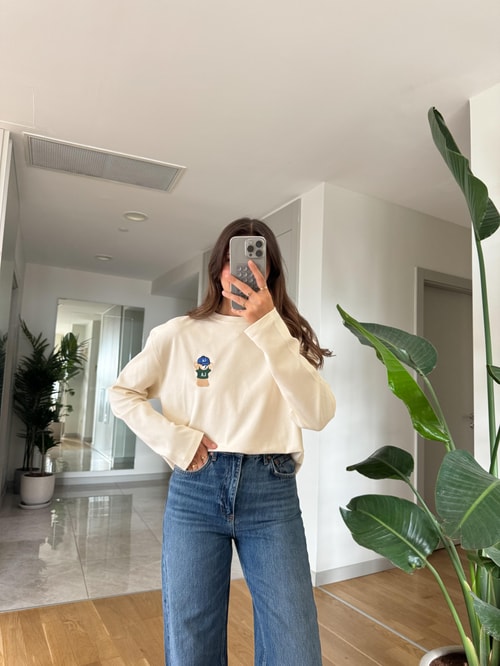 Qu Teddy Nakışlı Basic Bluz-Ekru