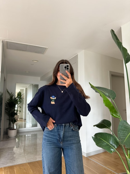 Qu Teddy Nakışlı Basic Bluz-Lacivert